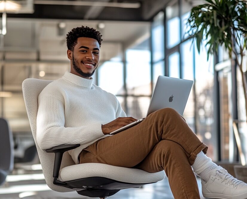 Man is aan het werk op zijn laptop.
